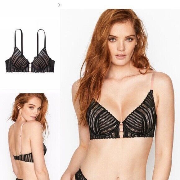 Victoria's Secret Black Lace Plunge Lightly Lined Underwired Adjustable Bra 34DD - Picture 1 of 8